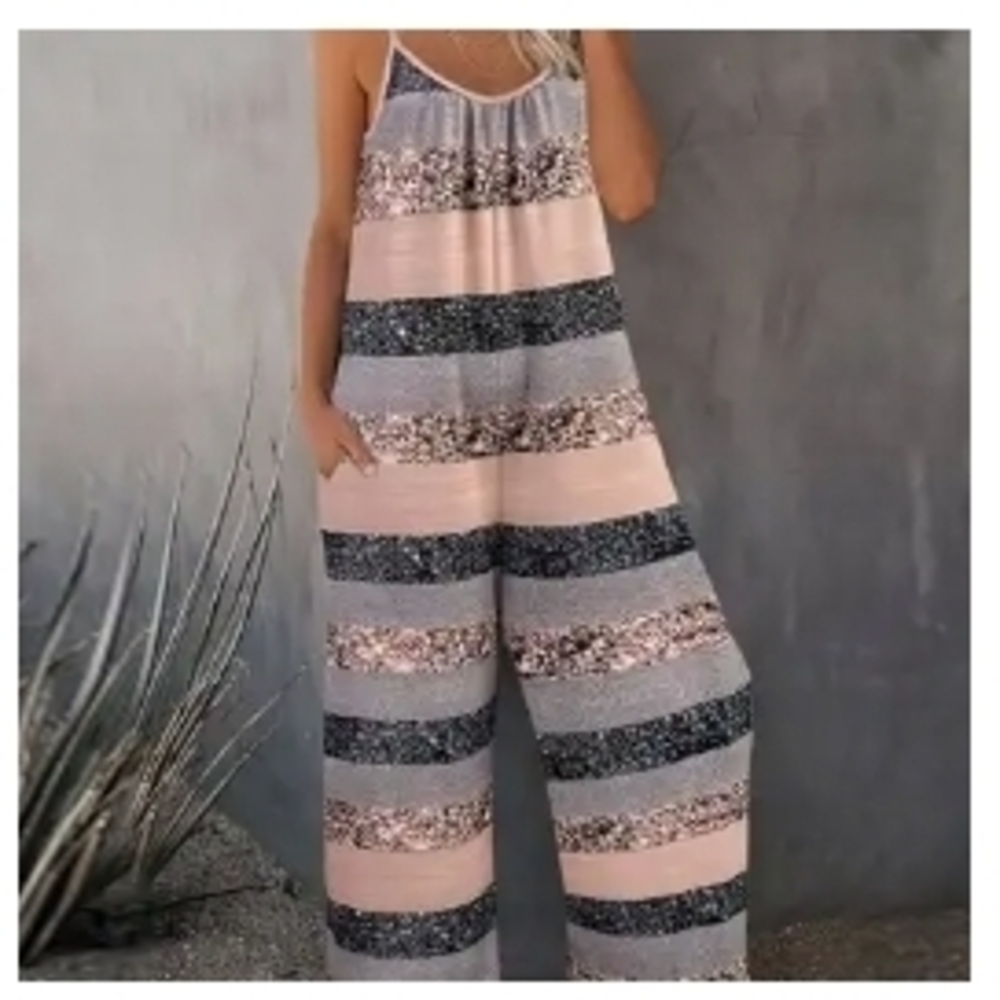 Striped Jumpsuit in Pink/ Grey/ Gold
